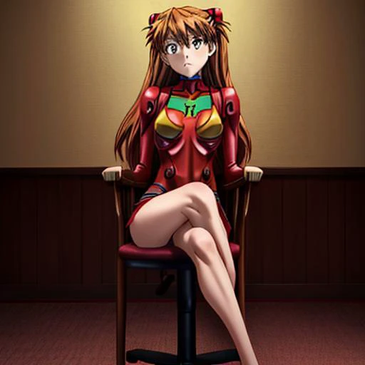 masterpiece, best quality, masterpiece, asuka langley sitting cross legged on a chair
