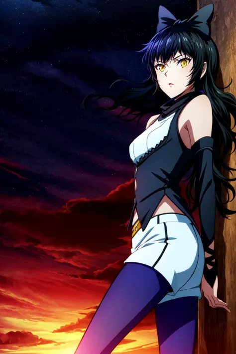 masterpiece,best quality,CG,wallpaper,HDR,high quality,high-definition,extremely detailed,(1girl), <lora:rwby_belladonna:1>, (blake belladonna from RWBY), yellow eyes, medium breasts,black hair bow,sleeveless shirt, detached sleeve, pantyhose, legwear under white shorts ,outdoors,night