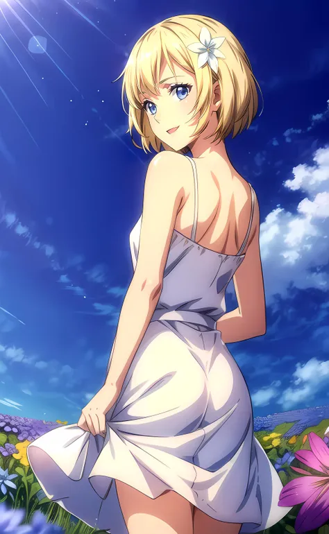 1girl, from behind, looking back, short hair, blonde hair, blue eyes, white dress, camisole dress, bare shoulders, bare arms, open mouth, smile, nature, flower field, blue sky, sunlight