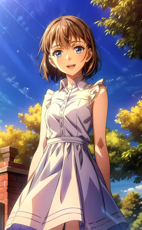 1girl, cowboy shot, standing, short hair, brown hair, blue eyes, white dress, collared dress, frilled dress, sleeveless dress, bare shoulders, bare arms, open mouth, smile, outdoors, garden, blue sky, sunlight