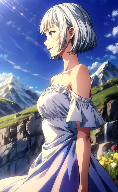 1girl, upper body, standing, from side, short hair, silver hair, blue eyes, white dress, frilled dress, off shoulder dress, short sleeves, frilled sleeves, strapless, collarbone, bare shoulders, open mouth, smile, nature, mountain, blue sky, sunlight