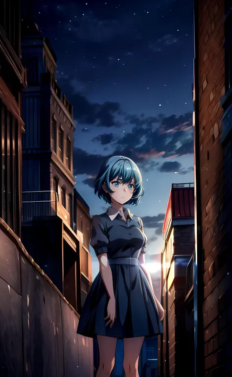 1girl, cowboy shot, standing, short hair, blue hair, blue eyes, black dress, collared dress, short sleeves, (puffy short sleeves:1.3), outdoors, city, street, night, night sky