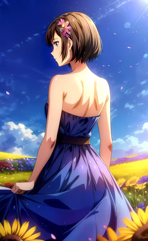 1girl, from behind, looking back, short hair, brown hair, blue eyes, light blue dress, strapless dress, bare shoulders, bare arms, bare back, nape, nature, flower field, blue sky, sunlight