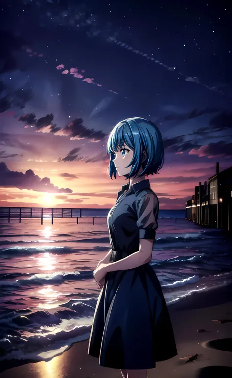 1girl, cowboy shot, standing, short hair, blue hair, blue eyes, black dress, collared dress, short sleeves, (puffy short sleeves:1.3), outdoors, beach, night, night sky