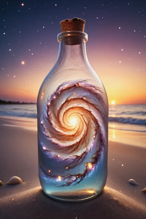 RAW photo of a mad-spiral-galaxy in a bottle on the beach <lora:Spiral_Galaxies_SDXL:0.7>, sunset, dusk, (masterpiece:1.2), best quality, (hyperdetailed, highest detailed:1.2), high resolution textures