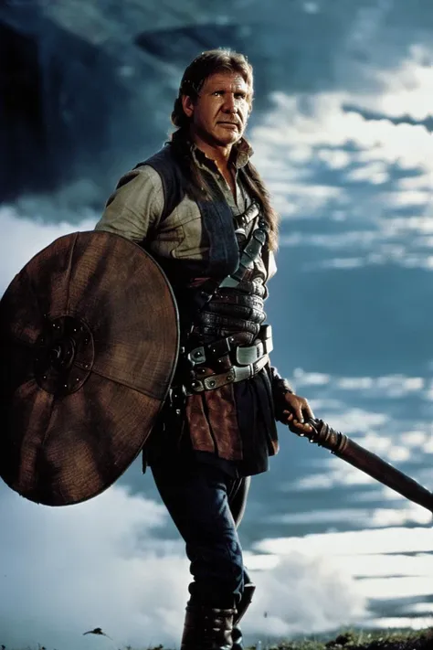 Viking Harrison Ford on battlefield,epic movie still, <lora:harrisonFordIndianaJones_v10:1>