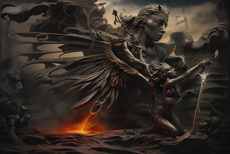 fantchar, a stone angel statue stabbing a sword into the ground, surreal hellish lava landscape in the background, realistic, highly detailed, intricate