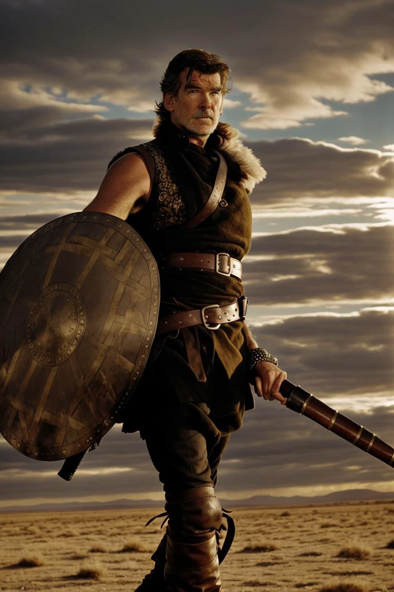 Viking Pierce Brosnan on battlefield,epic movie still, <lora:pierceBrosnan_10:1>