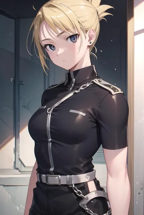 rizahawkeye, <lyco:rizahawkeye-lyco-nochekaiser:1>,
riza hawkeye, blonde hair, (black eyes:1.5), folded ponytail,
BREAK shirt, short sleeves, earrings, pants, uniform, military, black shirt, military uniform, blue pants,
BREAK looking at viewer, full body,
BREAK indoors,
BREAK <lyco:GoodHands-beta2:1>, (masterpiece:1.2), best quality, high resolution, unity 8k wallpaper, (illustration:0.8), (beautiful detailed eyes:1.6), extremely detailed face, perfect lighting, extremely detailed CG, (perfect hands, perfect anatomy),