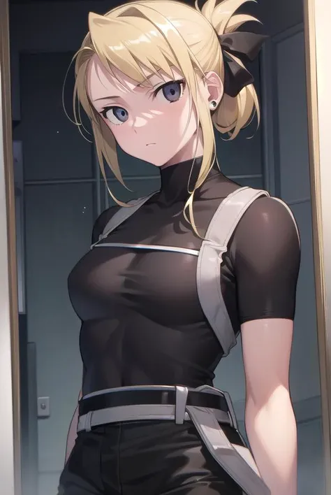 rizahawkeye, <lyco:rizahawkeye-lyco-nochekaiser:1>,
riza hawkeye, blonde hair, (black eyes:1.5), folded ponytail,
BREAK shirt, short sleeves, earrings, pants, uniform, military, black shirt, military uniform, blue pants,
BREAK looking at viewer, full body,
BREAK indoors,
BREAK <lyco:GoodHands-beta2:1>, (masterpiece:1.2), best quality, high resolution, unity 8k wallpaper, (illustration:0.8), (beautiful detailed eyes:1.6), extremely detailed face, perfect lighting, extremely detailed CG, (perfect hands, perfect anatomy),