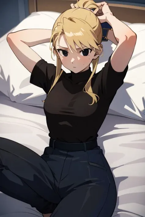 1 girl,1boy, bedroom,horror, darkest city, creepy ambiance, corneo_bound_missionary <lora:rizahawkeye-lyco-nochekaiser:1> riza hawkeye, blonde hair, (black eyes:1.5), folded ponytail,shirt, short sleeves, earrings, pants, uniform, military, black shirt, military uniform, blue pants,, (((anime))),masterpiece, best quality, intricate details, 8k uhd,