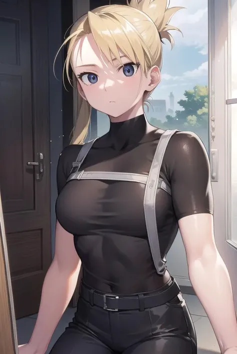 (Best quality:1.3), blonde ponytail, busty, thighs, bodysuit, (pov), standing, smiling, sexy, erotic, lewd, plain background