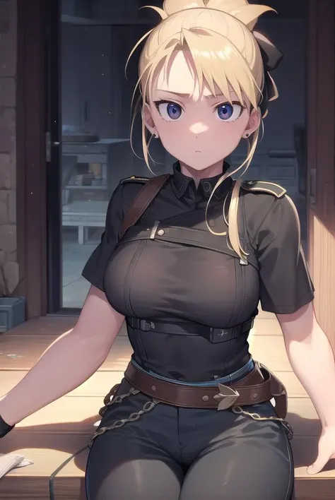 rizahawkeye, <lyco:rizahawkeye-lyco-nochekaiser:1>,
riza hawkeye, blonde hair, (black eyes:1.5), folded ponytail,
BREAK shirt, short sleeves, earrings, pants, uniform, military, black shirt, military uniform, blue pants,
BREAK looking at viewer, full body,
BREAK indoors,
BREAK <lyco:GoodHands-beta2:1>, (masterpiece:1.2), best quality, high resolution, unity 8k wallpaper, (illustration:0.8), (beautiful detailed eyes:1.6), extremely detailed face, perfect lighting, extremely detailed CG, (perfect hands, perfect anatomy),