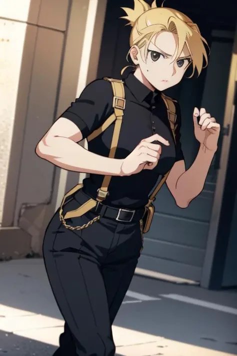 1 girl,street in dirty city,horror, darkest city, creepy <lora:rizahawkeye-lyco-nochekaiser:1> riza hawkeye, blonde hair, (black eyes:1.5), folded ponytail,shirt, short sleeves, earrings, pants, uniform, military, black shirt, military uniform, blue pants,, (((anime))),masterpiece, best quality, intricate details, 8k uhd,