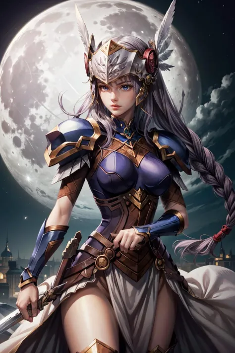 (masterpiece, best quality) <lora:epi_noiseoffset2:1> <lora:add_detail:0.7> <lora:ValkyrieProfileLenneth:0.8>
ValkyrieProfileLenneth, 1girl, solo, long hair, breasts, looking at viewer, blue eyes, holding, medium breasts, very long hair, weapon, purple hair, braid, sword, holding weapon, armor, single braid, holding sword, moon, helmet, feathers, shoulder armor, full moon, pauldrons, breastplate, armored dress, winged helmet, blue armor, valkyrie