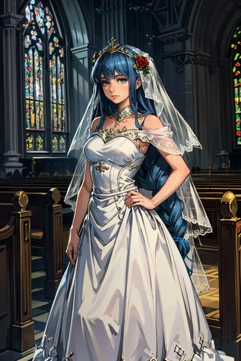 ((masterpiece, best quality))
<lora:ValkyrieProfileLenneth:0.8>
ValkyrieProfileLenneth, 1girl, solo, long braid, blue hair, wearing a stunning wedding dress, bridal veil, inside a beautiful church, with hands on hips