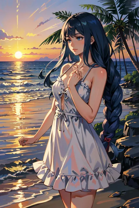 In a vibrant beach scene, There is a girl in an elegant white dress by the water. this dress is amazing, High resolution masterpiece, Capture every detail in 8K glory. The girl&#39;s eyes are charming purple, Drawing attention to her beautiful and detailed face. She stood gracefull, Her off-the-shoulder dress highlighted her delicate collarbones. In the background, Waves crashing on the beach, Create an impactful spectacle. The beach is decorated with woven patterns, Add a sophisticated artistic touch to your scene. The girl&#39;s long white dress flows effortlessly, Adds movement and elegance to the overall composition. Best image quality, With ultra-detailed features and realistic, Photorealistic rendering. The scene is colorful, With a hint of vibrant blue and warm gold tones, Create an attractive and harmonious color palette. The lighting is carefully arranged, with soft, Natural light illuminates the girl，Cast a soft shadow on the sand. In this stunning work of art, The girl wearing mxmk white dress becomes the focus, Exuding elegance and beauty in a picturesque beach setting.