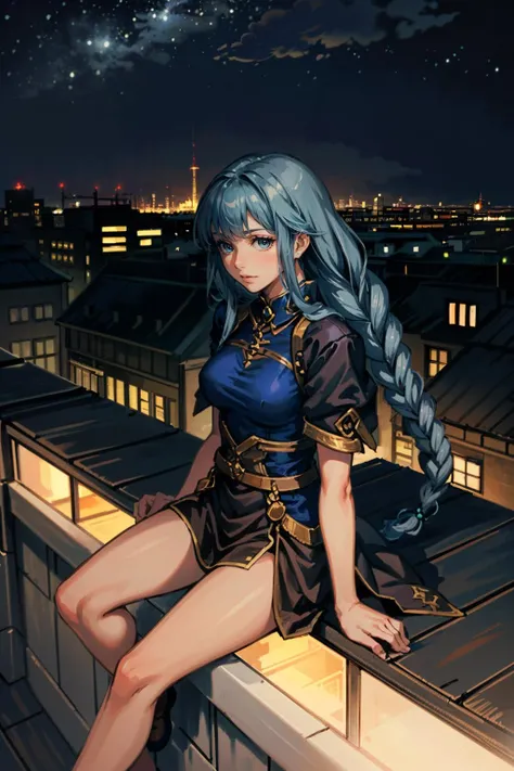 ((masterpiece, best quality))
<lora:ValkyrieProfileLenneth:0.8>
ValkyrieProfileLenneth, 1girl, solo, long braid, blue hair, Overlooking the city from a rooftop bar at night, chic outfit, sitting