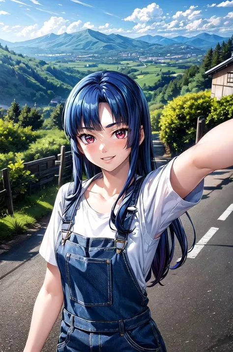 (masterpiece, best quality, detailed), 1girl, solo, looking at viewer, <lora:YatsuMurasaki:0.85>, yatsu murasaki, mature female, red eyes, blue hair, long hair, bangs, overalls, short sleeves, outdoors, (rural), japan, selfie, reaching towards viewer, outstretched arm, mountain, (village), scenery, landscape, house, road, utility pole, road sign, upper body, smile, parted lips, v-shaped eyebrows
