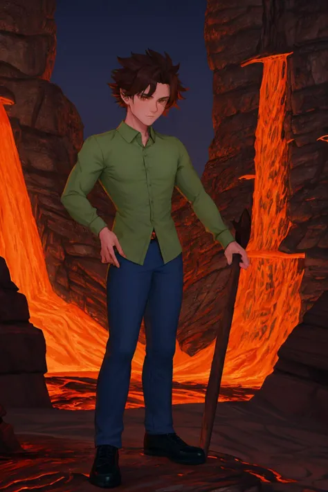 masterpiece, best quality, male focus, solo, standing, <lora:Guide:1> green shirt, blue pants, black footwear, brown hair, (spiked hair:0.6), <lora:background-terraria-richy-v1:1> terrariabackground, hell, underworld, fantasy, lava, red theme, black theme, molten rock, underground, stalactite, bridge, tower, darkness, dark