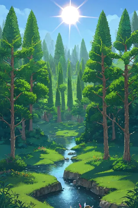terrariabackground, forest, trees, blue sky, An enchanted forest filled with whimsical creatures like fairies and unicorns, with a gentle stream running through the center and the sun shining through the trees, <lora:background-terraria-richy-v1:1>