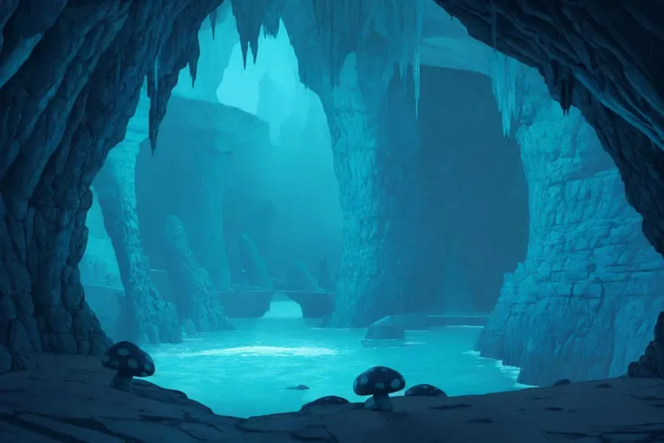 masterpiece, best quality, <lora:background-terraria-richy-v1:1> terrariabackround, underworld, cave, rock, stone, stalactite, stalagmite, blue glow, glowing, blue theme, blue mushroom, fantasy, darkness, dark