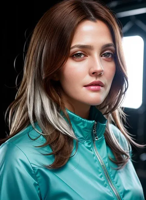 portrait of skswoman, interested , wearing workwear , with silver Long layers epic (photo, studio lighting, hard light, sony a7, 50 mm, matte skin, pores, colors, hyperdetailed, hyperrealistic), <lyco:Drew Barrymore:1.2>