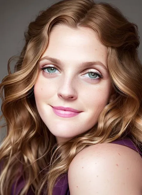 portrait of skswoman, amused , wearing couture , with chestnut Beachy waves epic (photo, studio lighting, hard light, sony a7, 50 mm, matte skin, pores, colors, hyperdetailed, hyperrealistic), <lyco:Drew Barrymore:1.2>