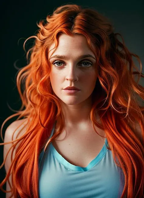 portrait of skswoman, determined , wearing sleepwear , with orange Beachy waves epic (photo, studio lighting, hard light, sony a7, 50 mm, matte skin, pores, colors, hyperdetailed, hyperrealistic), <lyco:Drew Barrymore:1.2>