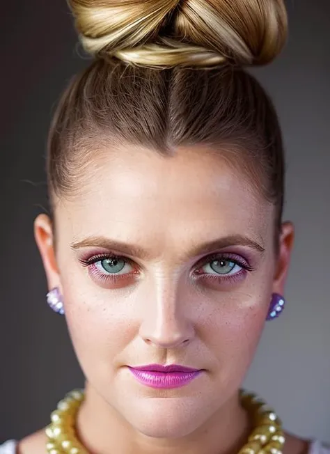 portrait of skswoman, anxious , wearing beaded , with chocolate Top knot epic (photo, studio lighting, hard light, sony a7, 50 mm, matte skin, pores, colors, hyperdetailed, hyperrealistic), <lyco:Drew Barrymore:1.2>