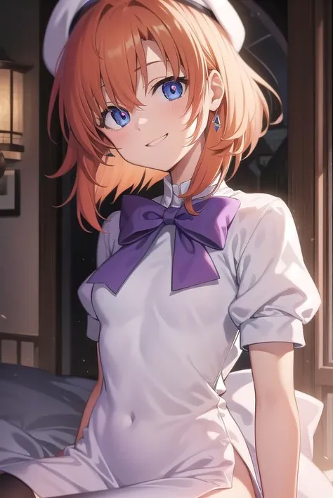 renaryuuguu, <lora:renatest:1>,
rena ryuuguu, orange hair, short hair, blue eyes, smile, grin, (small breast:1.2),
BREAK beret, black thighhighs, bow, bowtie, dress, hat, puffy short sleeves, puffy sleeves, purple bow, purple bowtie, short sleeves, thighhighs, white dress, zettai ryouiki,
BREAK looking at viewer,
BREAK indoors, bed,
BREAK <lora:GoodHands-vanilla:1>, (masterpiece:1.2), best quality, high resolution, unity 8k wallpaper, (illustration:0.8), (beautiful detailed eyes:1.6), extremely detailed face, perfect lighting, extremely detailed CG, (perfect hands, perfect anatomy),
