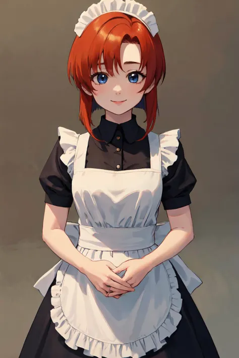 <lyco:renatest:1.2> rena ryuuguu, orange hair, short hair, blue eyes,
(best quality, masterpiece, RAW photo,ultra-detailed:1.2), <lyco:GoodHands-beta2:1.0>,1girl,solo,looking at viewer,smile,
maid,
