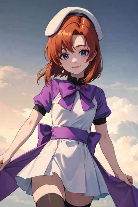 <lyco:renatest:1.2> rena ryuuguu, orange hair, short hair, blue eyes,
(best quality, masterpiece, RAW photo,ultra-detailed:1.2), <lyco:GoodHands-beta2:1.0>,1girl,solo,looking at viewer,smile,
beret, black thighhighs, bow, bowtie, dress, hat, puffy short sleeves, puffy sleeves, purple bow, purple bowtie, short sleeves, thighhighs, white dress, zettai ryouiki