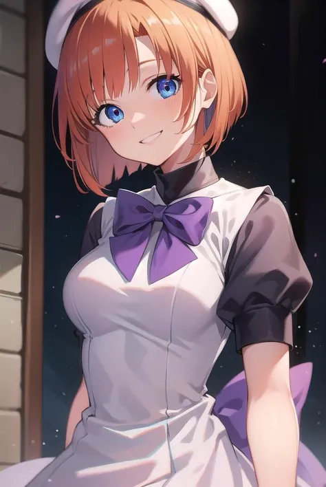 renaryuuguu, <lora:renatest:1>,
rena ryuuguu, orange hair, short hair, blue eyes, smile, grin,
BREAK beret, black thighhighs, bow, bowtie, dress, hat, puffy short sleeves, puffy sleeves, purple bow, purple bowtie, short sleeves, thighhighs, white dress, zettai ryouiki,
BREAK looking at viewer,
BREAK indoors, bed,
BREAK <lora:GoodHands-vanilla:1>, (masterpiece:1.2), best quality, high resolution, unity 8k wallpaper, (illustration:0.8), (beautiful detailed eyes:1.6), extremely detailed face, perfect lighting, extremely detailed CG, (perfect hands, perfect anatomy),