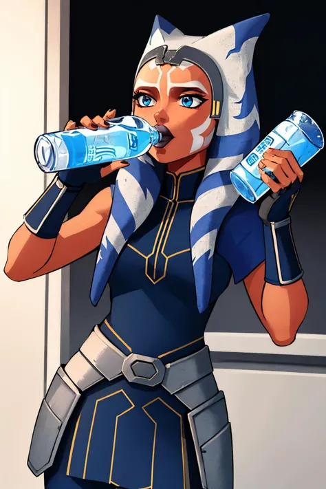 (masterpiece, best quality:1.2), solo, 1girl, AhsokaS7, colored skin, chugging, water bottle, blue eyes, AhsokaS7Outfit, blue shirt, vambraces, fingerless gloves, hip armor, blue skirt, blue leggings <lora:AhsokaS7_V1-Manityro-dadapt:1> <lora:Chugging:1>