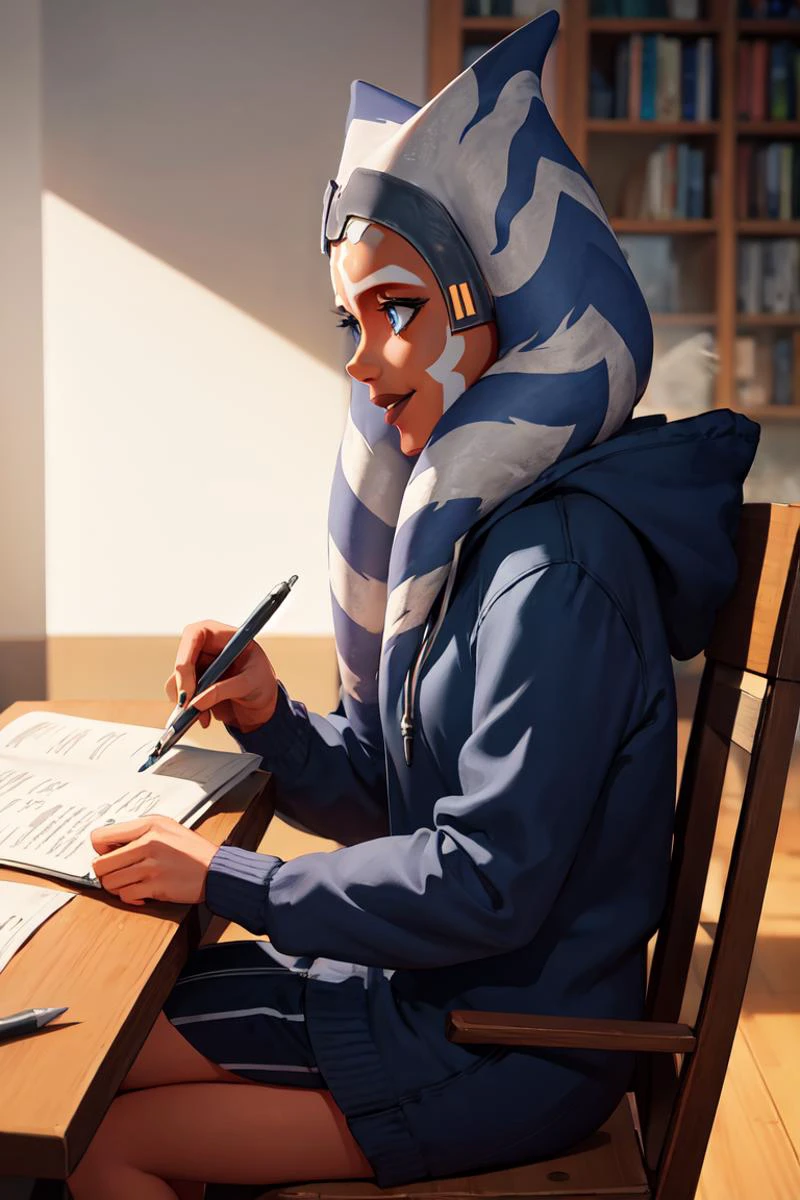masterpiece, best quality, absurdres, perfect anatomy, 1girl, solo, AhsokaS7, colored skin, blue eyes, from side, profile, hoodie, sitting, studying, book, pen, cozy, smile, <lora:AhsokaS7_V1-Manityro-dadapt:1>