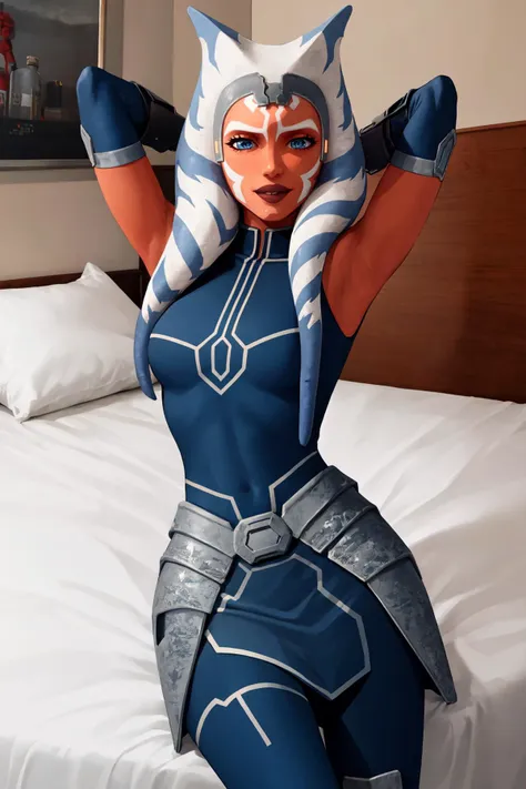 (masterpiece, best quality), cyberpunk, indoors, bedroom, pillow, bed sheet, cowboy shot, 1girl, solo, AhsokaS7, AhsokaS7Outfit, colored skin, medium breasts, blue eyes, <lora:AhsokaS7_V1-Manityro-dadapt:1>, looking at viewer, lying, on bed, on back, seductive smile, blue shirt, vambraces, fingerless gloves, hip armor, blue skirt, blue leggings, knee boots, blush, embarrassed, arms behind head,