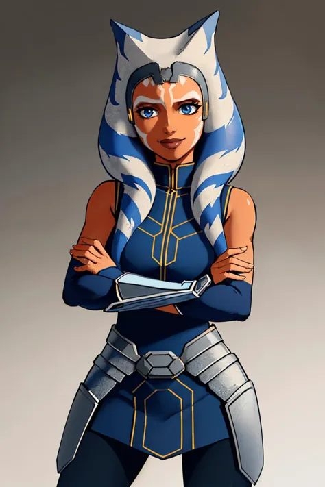 (masterpiece, best quality:1.2), solo, 1girl, AhsokaS7, colored skin, smile, looking at viewer, crossed arms, blue eyes, AhsokaS7Outfit, blue shirt, vambraces, fingerless gloves, hip armor, blue skirt, blue leggings <lora:AhsokaS7_V1-Manityro-dadapt:1>