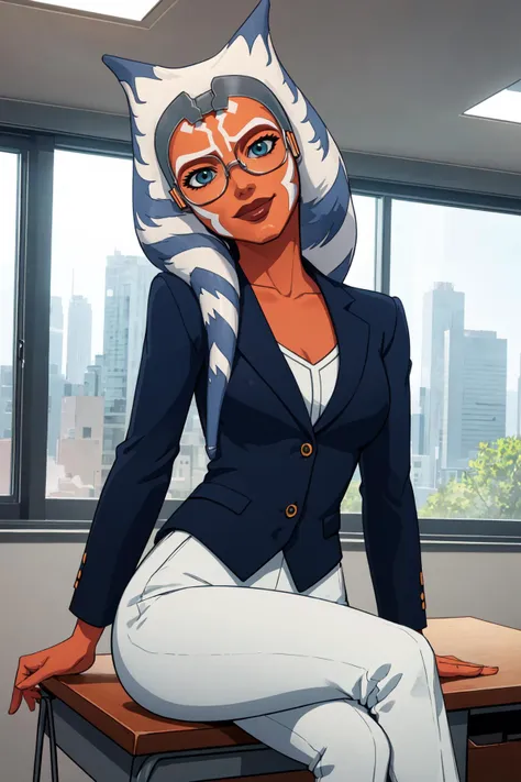 (masterpiece, best quality), indoors, office, window, city, cowboy shot, 1girl, solo, AhsokaS7, AhsokaS7Outfit, colored skin, medium breasts, <lora:AhsokaS7_V1-Manityro-dadapt:1>, looking at viewer, sitting, on desk, smirk, head tilt, crossed legs, collarbone, (white blazer), white suit pants, semi-rimless eyewear, white vest