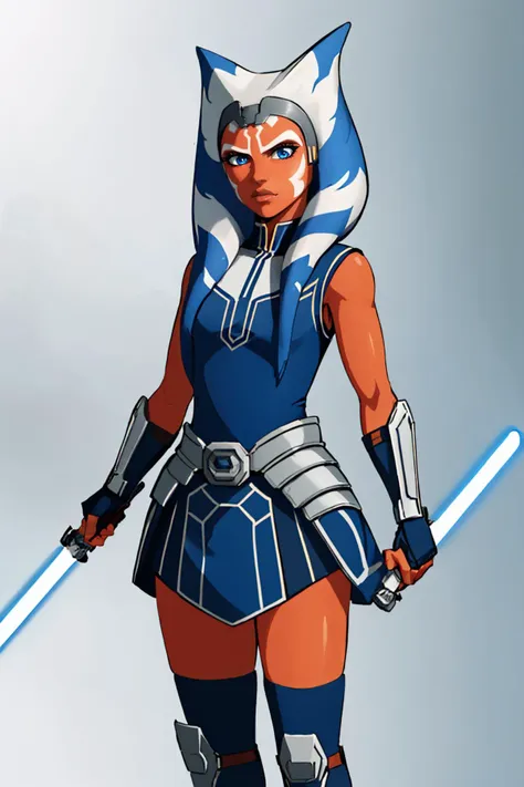 (masterpiece, best quality:1.2), solo, 1girl, AhsokaS7, colored skin, serious, looking at viewer, lightsaber, holding, weapon, blue eyes, AhsokaS7Outfit, blue shirt, vambraces, fingerless gloves, hip armor, blue skirt, blue leggings, knee boots <lora:AhsokaS7_V1-Manityro-dadapt:1> <lora:UnlimitedBladeWorks1.6:0.9>