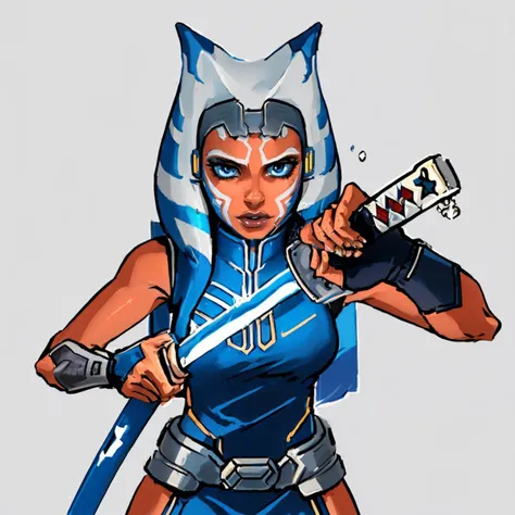 (masterpiece, best quality:1.2), solo, 1girl, AhsokaS7, colored skin, lightsaber, IncrsUnsheathingAKatanaMeme, sheath, holding sheath, blue eyes, AhsokaS7Outfit, blue shirt, vambraces, fingerless gloves <lora:AhsokaS7_V1-Manityro-dadapt:1> <lora:ChihiroUnsheathingAKatanaMeme:1>