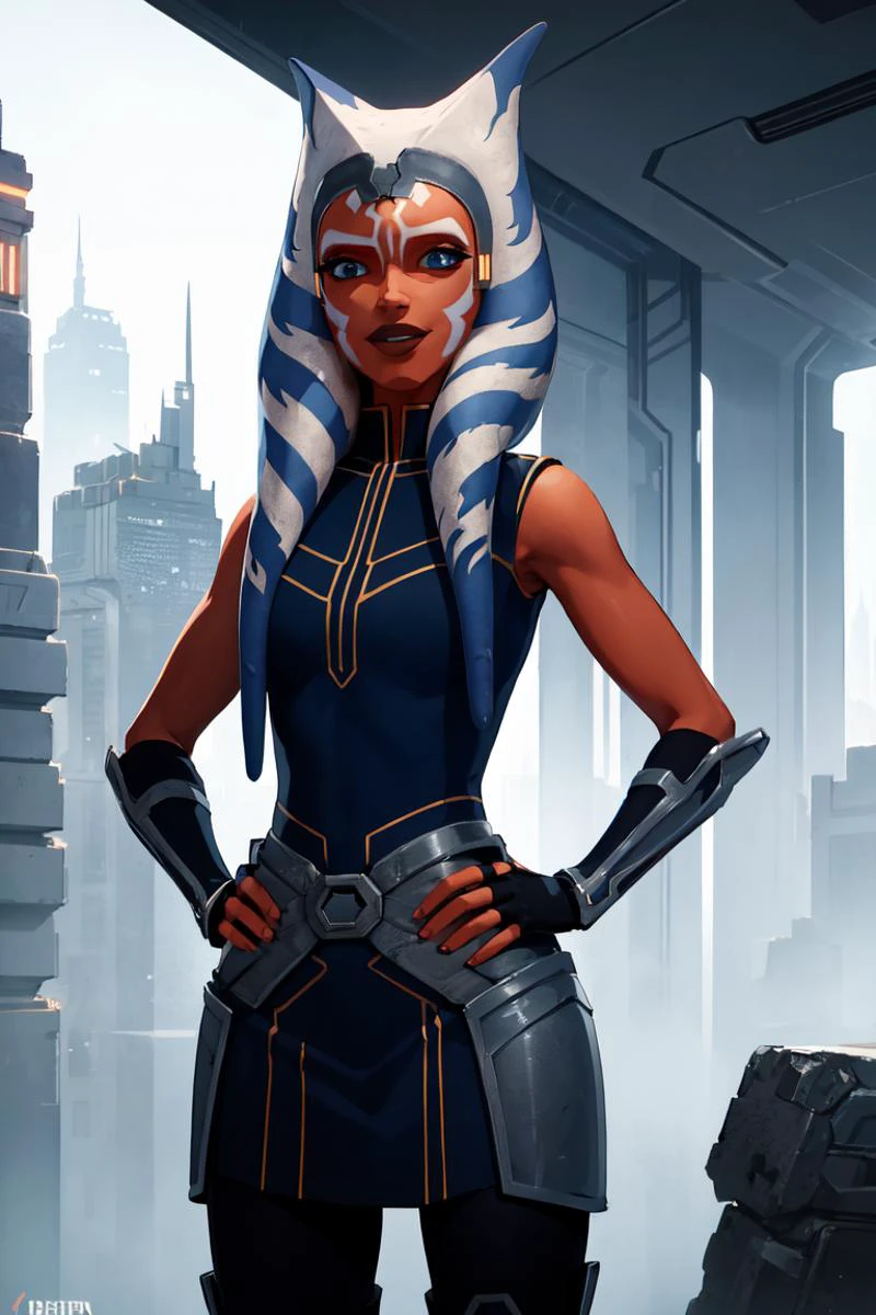 masterpiece, best quality, absurdres, perfect anatomy, 1girl, solo, AhsokaS7, colored skin, blue eyes, AhsokaS7Outfit, blue shirt, vambraces, fingerless gloves, hip armor, blue skirt, blue leggings, knee boots, hands on hips, futuristic city scene, cowboy shot, smile, <lora:AhsokaS7_V1-Manityro-dadapt:1>
