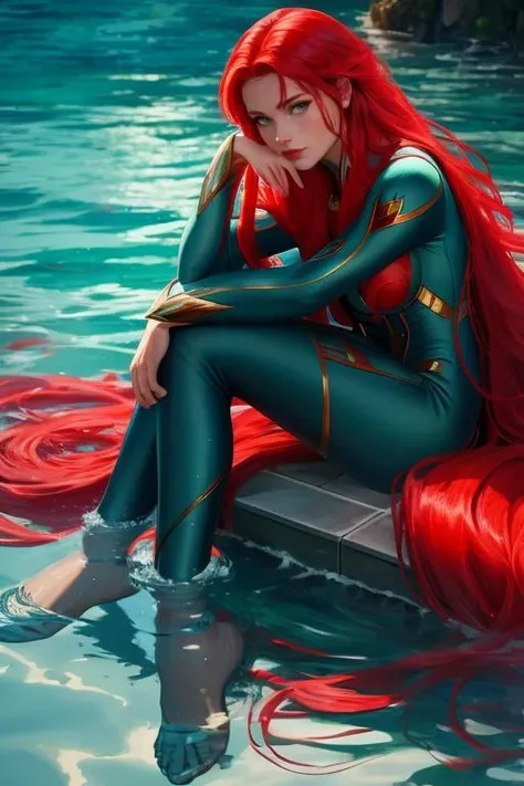 masterpiece,best quality,highres,realistic,1girl,full body,<lora:Mera:0.6>,long_hair,water,red_hair,mera,sitting,