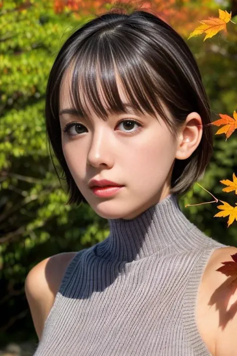 1girl,(wearing a sleeveless turtleneck sweater:1.2),(RAW photo, best quality), (realistic, photo-realistic:1.4), masterpiece, an extremely delicate and beautiful, extremely detailed, 2k wallpaper, Amazing, finely detail, extremely detailed CG unity 8k wallpaper, ultra-detailed, highres, soft light, beautiful detailed girl, extremely detailed eyes and face, beautiful detailed nose, beautiful detailed eyes,cinematic lighting,(in a beautiful forest of pine trees at a Japanese countryside),(autumn scenery:1.3),(maple trees in autumn),(by a small rocky river),(morning light),perfect anatomy,slender body,smiling, <lora:aratayui_lora:0.8>