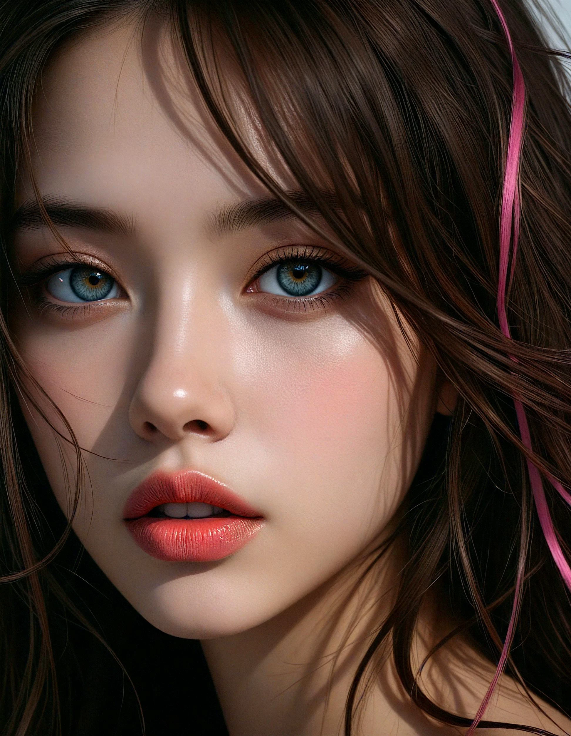 (dark mood masterpiece Photography:1.2), face close-up of a mysterious woman with expressive eyes, bold eyeliner and sensuous full lips, long messy brown hair with pink strands, windy, white and gold color scheme. The extreme realism focuses on her detailed skin, showing fine textures and natural highlights. photography masterpiece, modern, irresistible beauty, unusual composition, use of negative space, (rule of thirds composition), simmetry , mysteriouse, emotional, groundbreaking unrivaled opus with unrivaled details, highly detailed, hyper detailed photography, catchlights., full shot,extreme close-up,style by Luis Royo,Modern LED Strips Lighting<lora:flux\flux_realism_lora.safetensors:0.65:0.65> <lora:flux\Flux__Semi-realistic_art_style-000004.safetensors:0.65:0.65> <lora:flux\flux_Pro-skin.safetensors:0.15:0.15> <lora:flux\detailed_skin_portraits-000005.safetensors:0.2:0.2>
