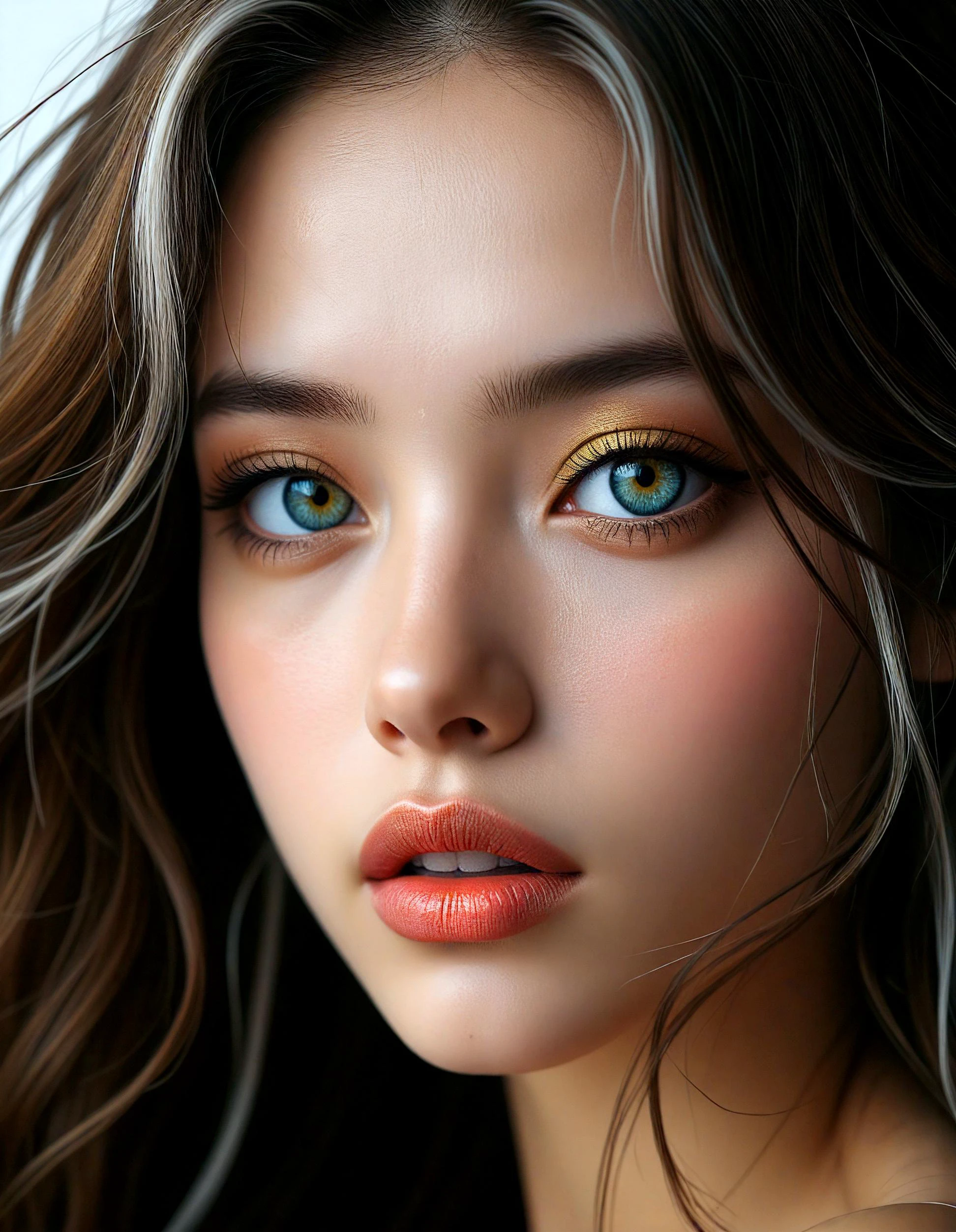 (dark mood masterpiece Photography:1.2), face close-up of a mysterious woman with expressive eyes, bold eyeliner and sensuous full lips, long wavy brown hair with white strands, windy, white and gold color scheme. The extreme realism focuses on her detailed skin, showing fine textures and natural highlights. photography masterpiece, modern, irresistible beauty, unusual composition, use of negative space, (rule of thirds composition), simmetry , mysteriouse, emotional, groundbreaking unrivaled opus with unrivaled details, highly detailed, hyper detailed photography, catchlights., upper body shot,extreme close-up,style by Luis Royo,Soft Illumination<lora:flux\flux_realism_lora.safetensors:0.65:0.65> <lora:flux\Flux__Semi-realistic_art_style-000004.safetensors:0.65:0.65> <lora:flux\flux_Pro-skin.safetensors:0.15:0.15> <lora:flux\detailed_skin_portraits-000005.safetensors:0.2:0.2>