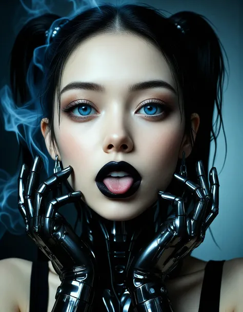 cybernetic robot (dark mood masterpiece Photography:1.2), a mysterious slender woman, robot, with expressive blue eyes and bold eyeliner, she has sensuous full lips slightly parted, with black lipstick. Subtle skin pores and natural texture on the face and neck, Realistic light reflections on the surface of the eyes, Slightly raised veins visible under the skin on the neck. Realistic reflection of light on the glossy lips, following their curvature. looking at the viewer. sticking out the tip of her tongue to lick her upper lip, with both hands pulling at her cheeks, cheeky expression. photography masterpiece, modern, irresistible beauty, unusual composition, use of negative space, (rule of thirds composition), simmetry , mysteriouse, emotional, (fine erotic content:0.65), groundbreaking unrivaled opus with unrivaled details, highly detailed, hyper detailed photography, catchlights, ral-ertmsphr, eerie smoke in the background, rear angle,style by Luis Royo,Bloom light . android, AI, machine, metal, wires, tech, futuristic, highly detailed<lora:flux\Flux__Semi-realistic_art_style-000004.safetensors:0.9:0.9> <lora:flux\detailed_skin_portraits-000005.safetensors:0.15:0.15> <lora:flux\flux_realism_lora.safetensors:0.45:0.45> <lora:flux\flux_Pro-skin.safetensors:0.2:0.2> <lora:flux\ral-ertmsphr_flux.safetensors:0.65:0.65>