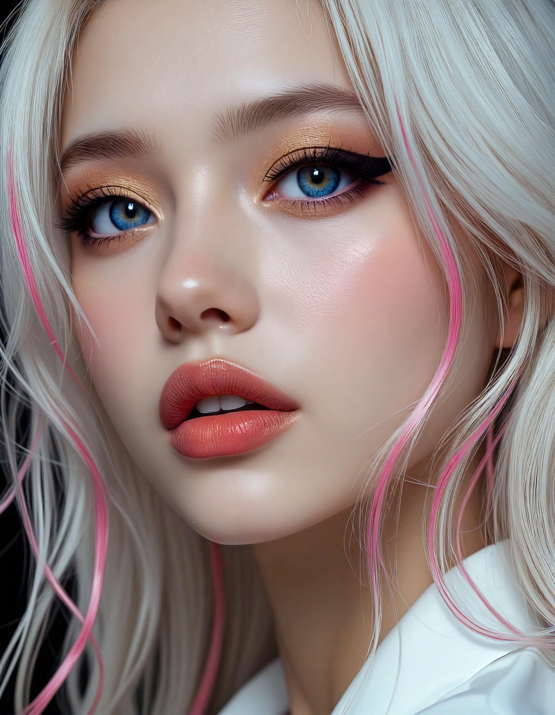 (dark mood masterpiece Photography:1.2), face close-up of a mysterious woman with expressive eyes, bold eyeliner and sensuous full lips, long wavy white hair with pink strands, windy, white and gold color scheme. The extreme realism focuses on her detailed skin, showing fine textures and natural highlights. photography masterpiece, modern, irresistible beauty, unusual composition, use of negative space, (rule of thirds composition), simmetry , mysteriouse, emotional, groundbreaking unrivaled opus with unrivaled details, highly detailed, hyper detailed photography, catchlights., Street level shot,extreme close-up,style by Luis Royo,Low Key Lighting<lora:flux\flux_realism_lora.safetensors:0.65:0.65> <lora:flux\Flux__Semi-realistic_art_style-000004.safetensors:0.65:0.65> <lora:flux\flux_Pro-skin.safetensors:0.15:0.15> <lora:flux\detailed_skin_portraits-000005.safetensors:0.2:0.2>
