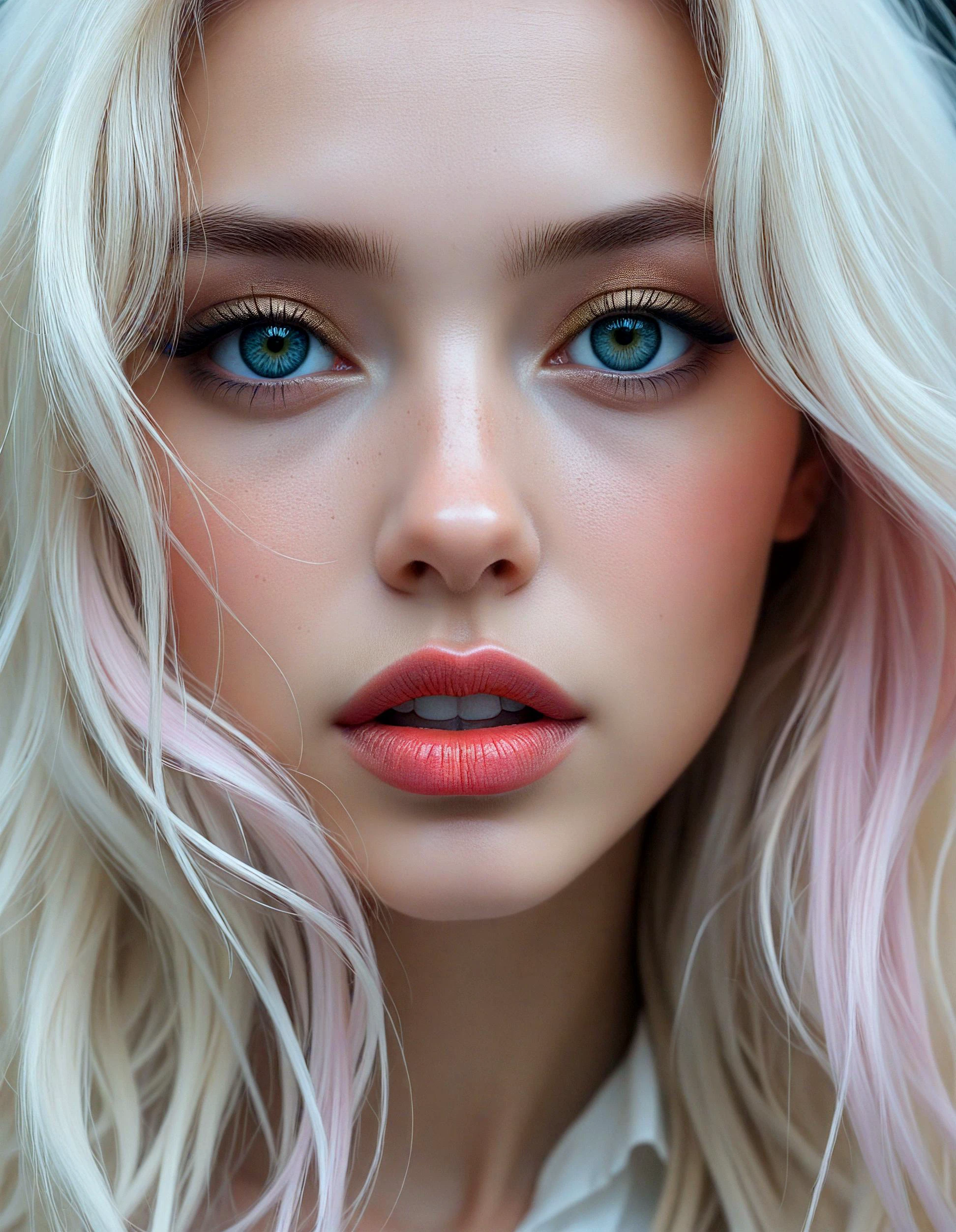 (dark mood masterpiece Photography:1.2), face close-up of a mysterious woman with expressive eyes, bold eyeliner and sensuous full lips, long wavy white hair with pink strands, windy, white and gold color scheme. The extreme realism focuses on her detailed skin, showing fine textures and natural highlights. photography masterpiece, modern, irresistible beauty, unusual composition, use of negative space, (rule of thirds composition), simmetry , mysteriouse, emotional, groundbreaking unrivaled opus with unrivaled details, highly detailed, hyper detailed photography, catchlights., high angle shot,extreme close-up,style by Luis Royo,Snoot Lighting<lora:flux\flux_realism_lora.safetensors:0.65:0.65> <lora:flux\Flux__Semi-realistic_art_style-000004.safetensors:0.65:0.65> <lora:flux\flux_Pro-skin.safetensors:0.15:0.15> <lora:flux\detailed_skin_portraits-000005.safetensors:0.2:0.2>