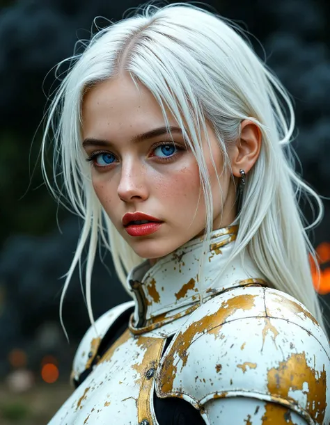 pointillism style (dark mood masterpiece Photography:1.2), a mysterious slender woman with expressive blue eyes and bold eyeliner, she has sensuous lips, long messy white hair with white strands, windy, her face is covered with soot, dirt and sweat from a battle. she's wearing a shiny but partially damaged and scratched armour white and gold color scheme. The extreme realism focuses on her detailed skin, showing fine textures and natural highlights. photography masterpiece, modern, irresistible beauty, unusual composition, use of negative space, (rule of thirds composition), simmetry , mysteriouse, emotional, groundbreaking unrivaled opus with unrivaled details, highly detailed, hyper detailed photography, catchlights, eerie smoke and sparks floating in the air from a large blast in the background., wide shot,style by Luis Royo,soft lighting,Reminiscent Film Lighting . composed entirely of small, distinct dots of color, vibrant, highly detailed<lora:flux\flux_realism_lora.safetensors:0.65:0.65> <lora:flux\Flux__Semi-realistic_art_style-000004.safetensors:0.65:0.65> <lora:flux\flux_Pro-skin.safetensors:0.15:0.15> <lora:flux\detailed_skin_portraits-000005.safetensors:0.2:0.2>